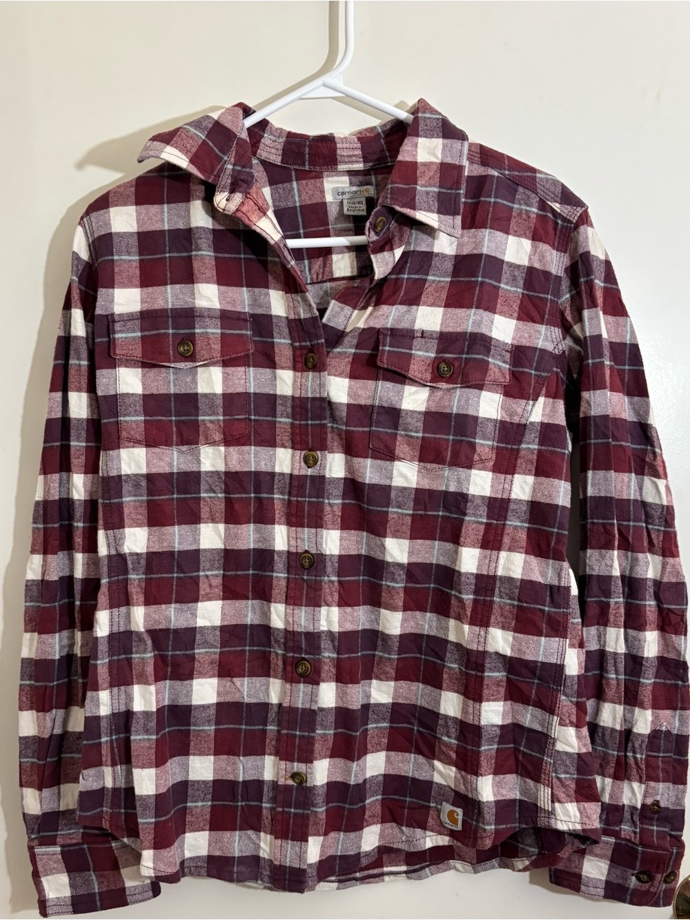 Carhartt woman’s Burgundy and White Plaid Button-Up Shirt